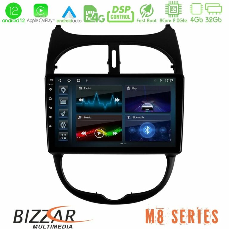 Bizzar M8 Series Peugeot 206 8core Android12 4+32GB Navigation Multimedia Tablet 9"