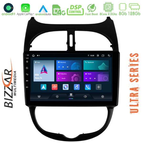 Bizzar Ultra Series Peugeot 206 8core Android11 8+128GB Navigation Multimedia Tablet 9"