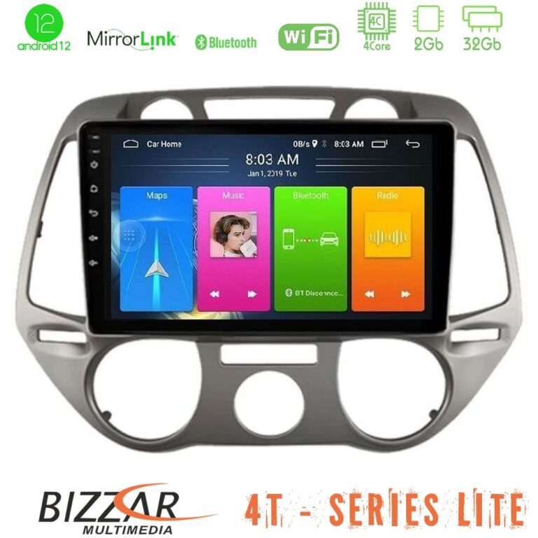 Bizzar 4T Series Hyundai i20 2009-2012 Manual A/C 4Core Android12 2+32GB Navigation Multimedia Tablet 9"