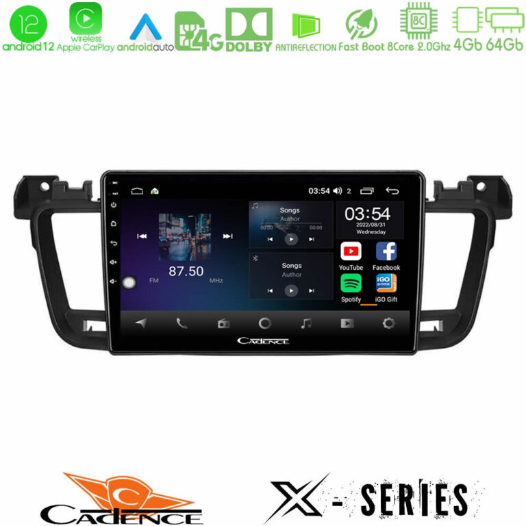 Cadence X Series Peugeot 508 2010-2018 8core Android12 4+64GB Navigation Multimedia Tablet 9"