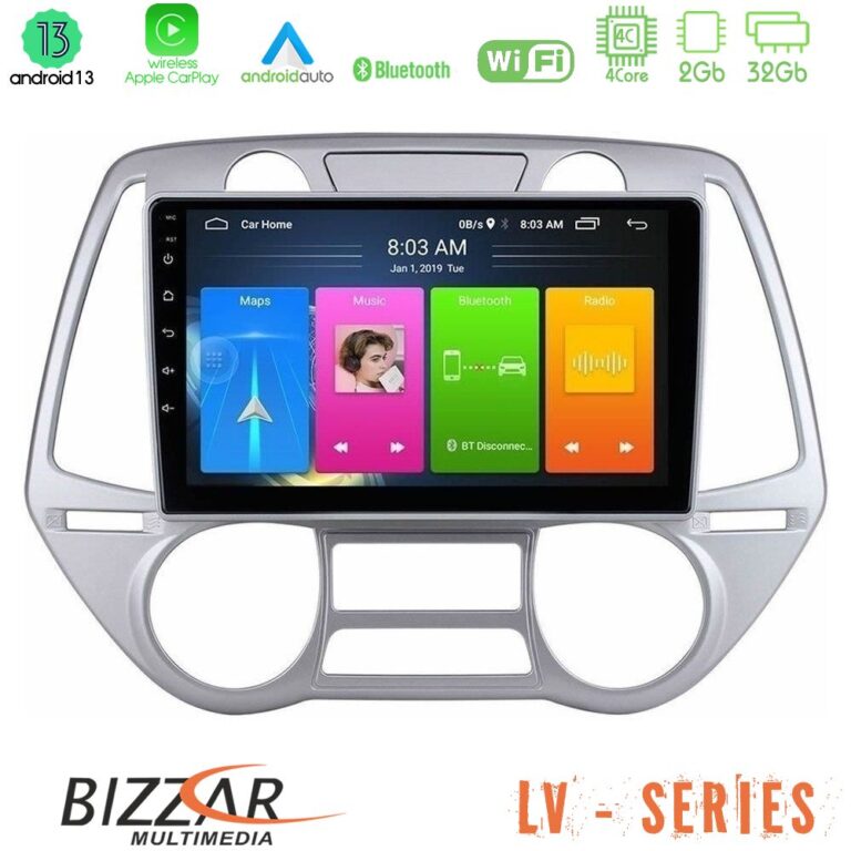 Bizzar LV Series Hyundai i20 2009-2012 Auto A/C 4Core Android 13 2+32GB Navigation Multimedia Tablet 9"