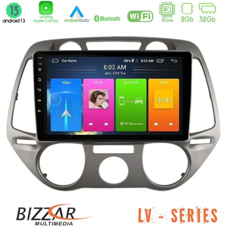 Bizzar LV Series Hyundai i20 2009-2012 Manual A/C 4Core Android 13 2+32GB Navigation Multimedia Tablet 9"