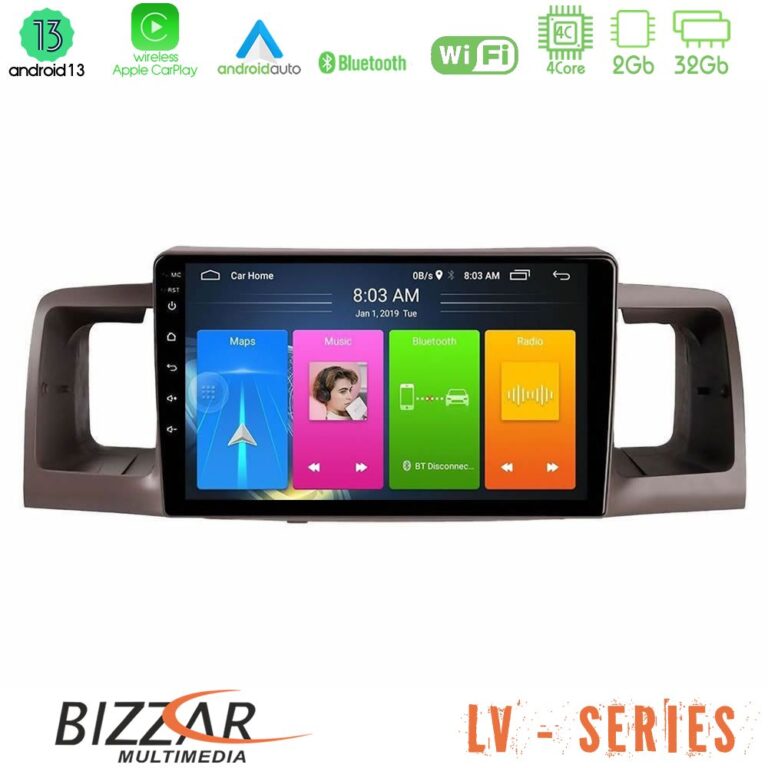 Bizzar LV Series Toyota Corolla 2002-2006 4Core Android 13 2+32GB Navigation Multimedia Tablet 9"