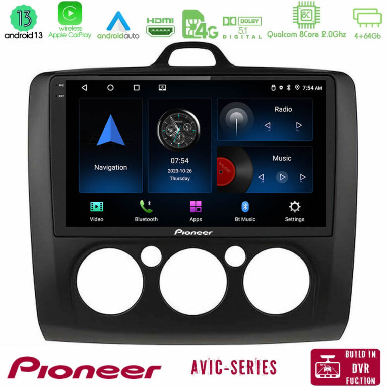 Pioneer AVIC 8Core Android13 4+64GB Ford Focus Manual AC Navigation Multimedia Tablet 9" (Μαύρο Χρώμα)